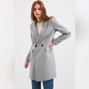 Zara Wool Blend Double Breasted Mid Length Womens Classic Grey Coat Size -XS